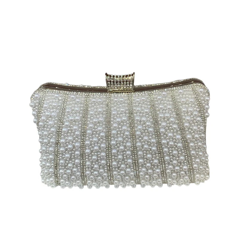White Pearl Clutch Bag With Silver Frame And Diamante