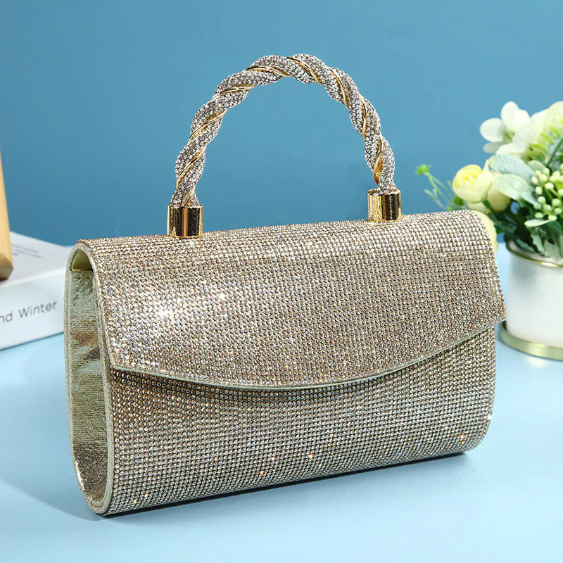 Gold Clutch Dress Bag With Rope Handle