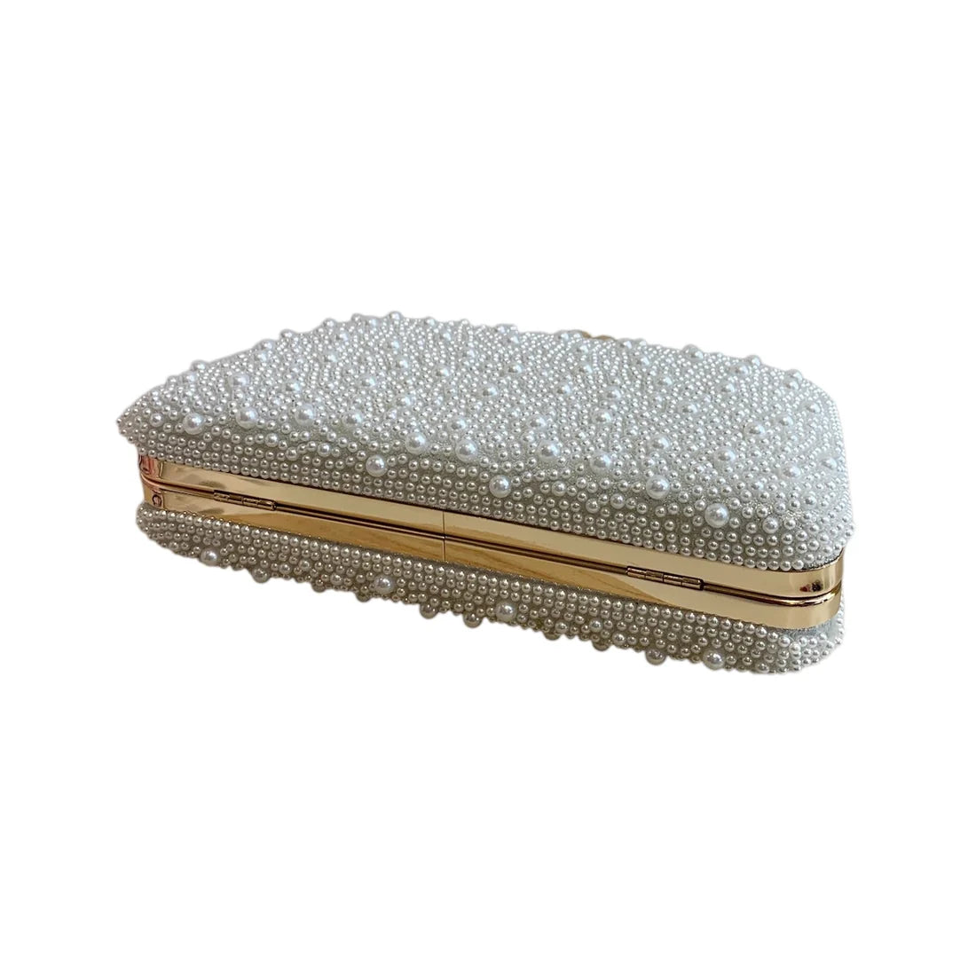 White Pearl Clutch Bag With Gold Frame And Diamante Flower Clasp