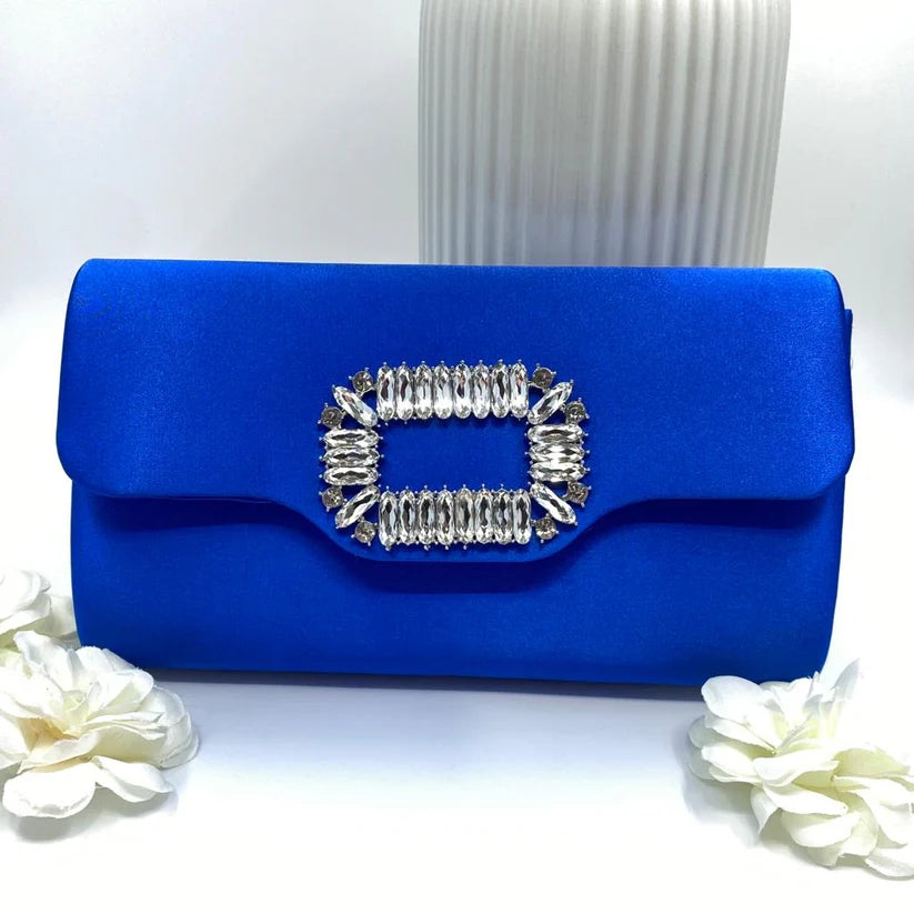 Royal Blue Satin Clutch with Crystal Buckle