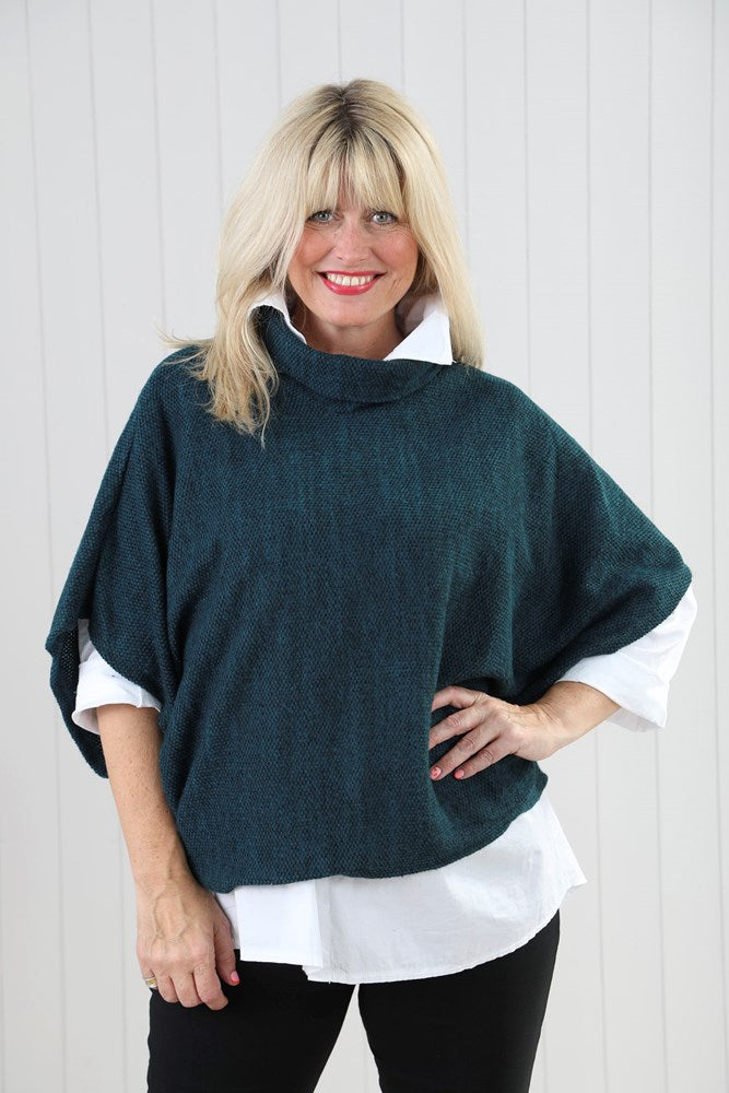 Teal Cowl Poncho Top