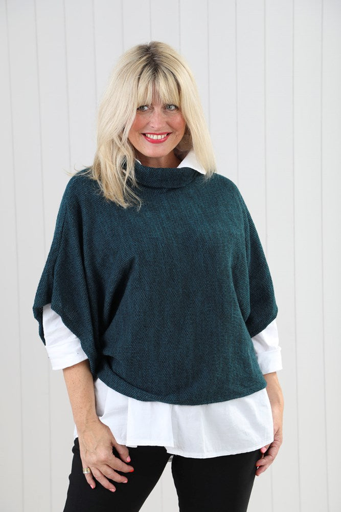 Teal Cowl Poncho Top