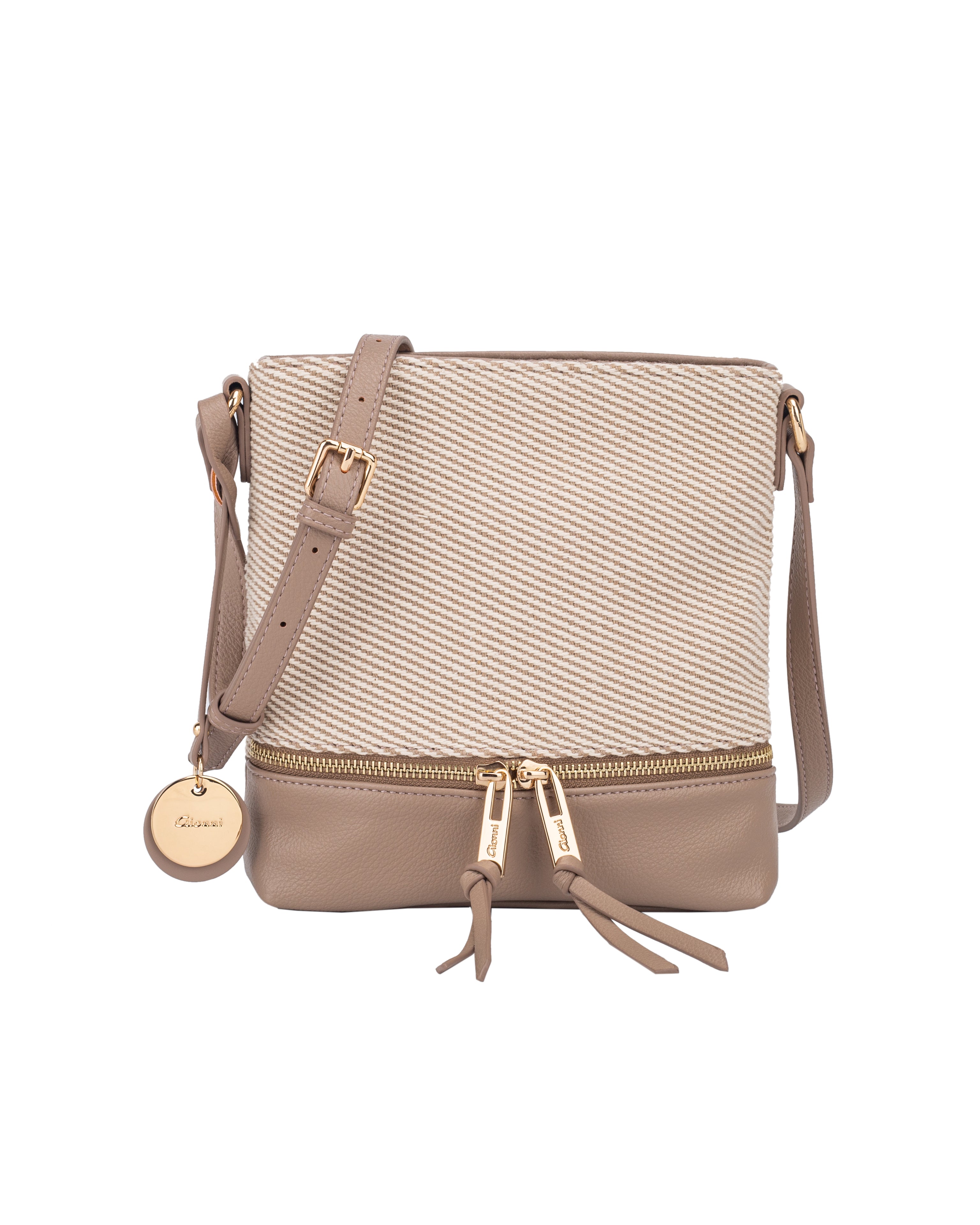 Gionni Marina Taupe Small North South Crossbody Bag With Woven Body And Conreast Trim