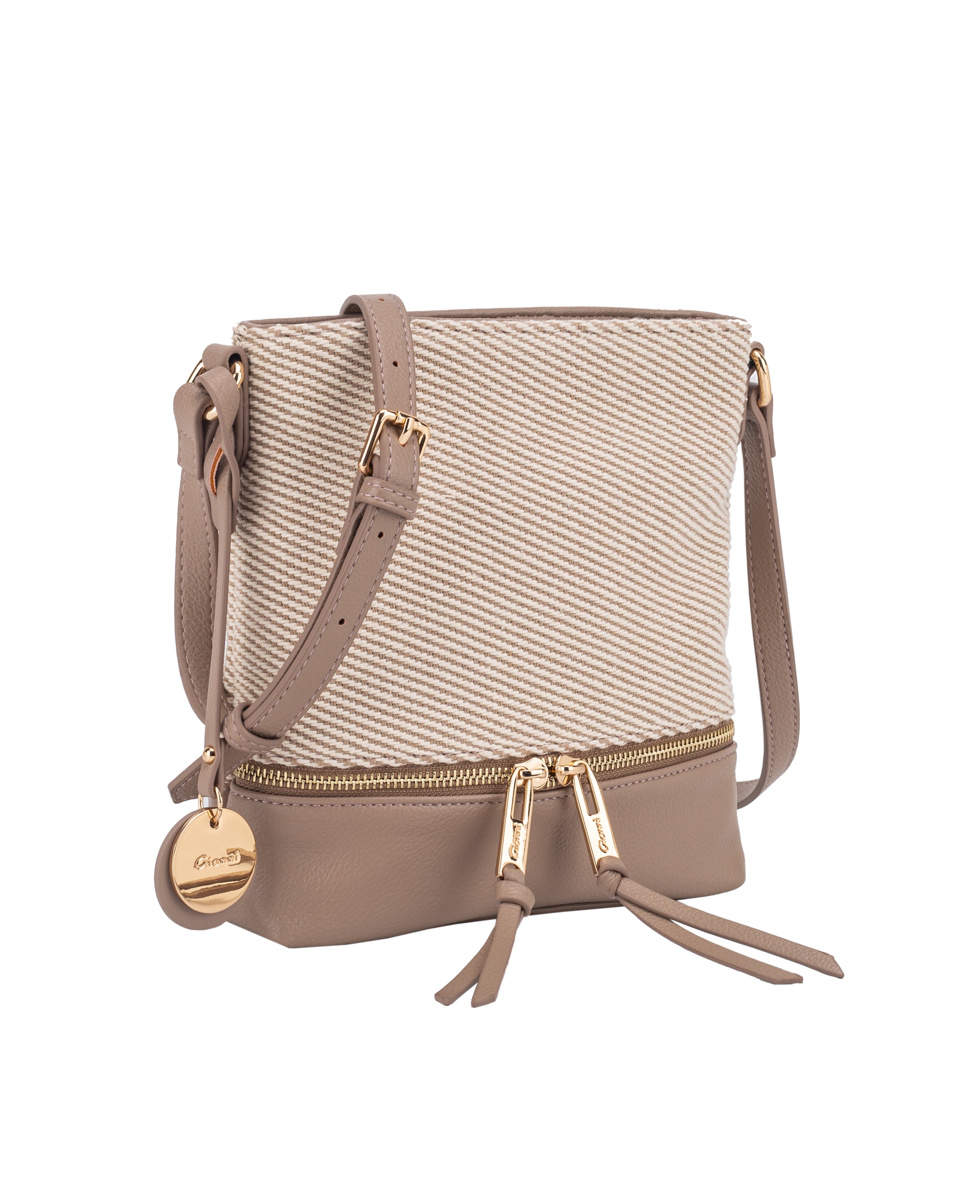 Gionni Marina Taupe Small North South Crossbody Bag With Woven Body And Conreast Trim