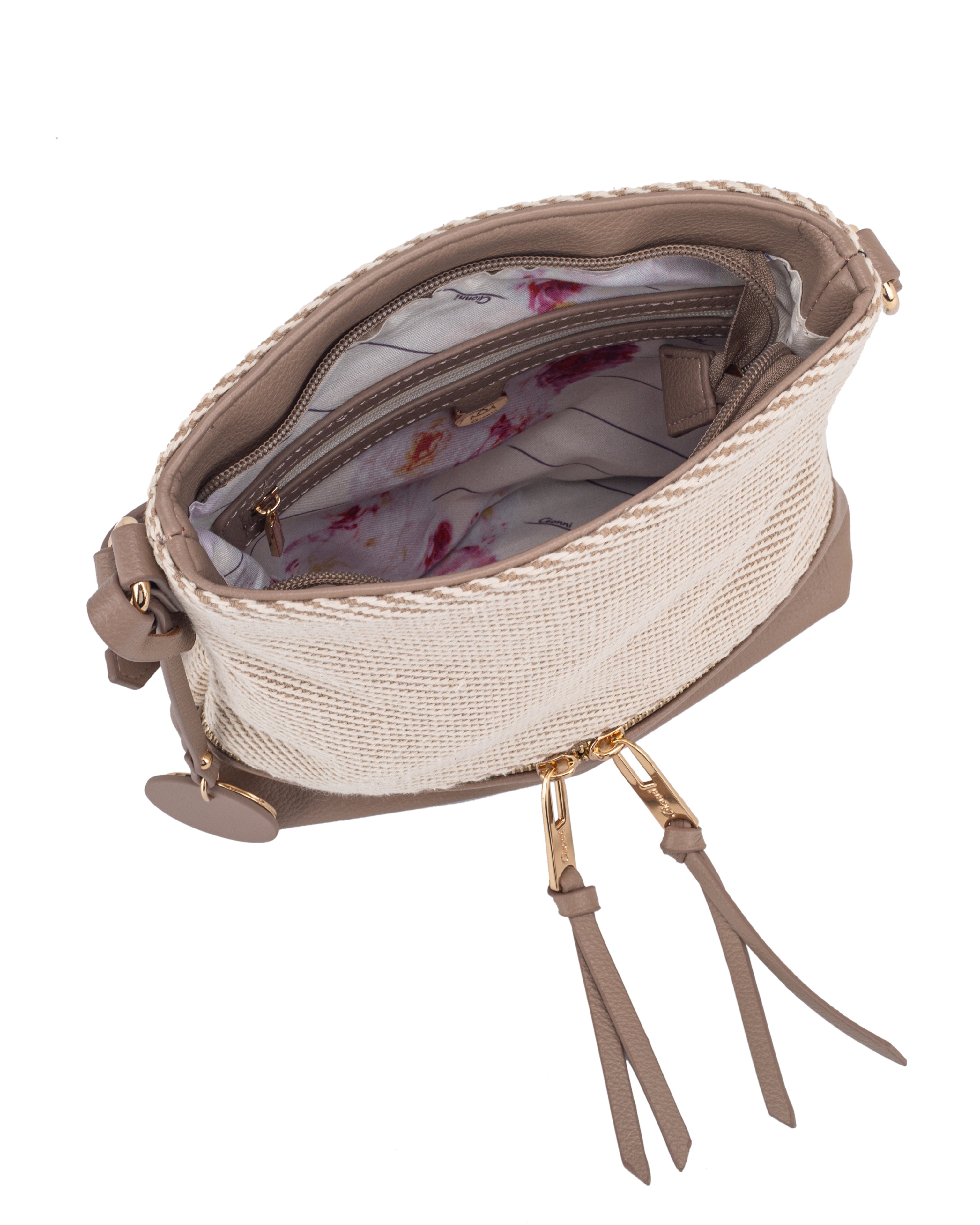 Gionni Marina Taupe Small North South Crossbody Bag With Woven Body And Conreast Trim
