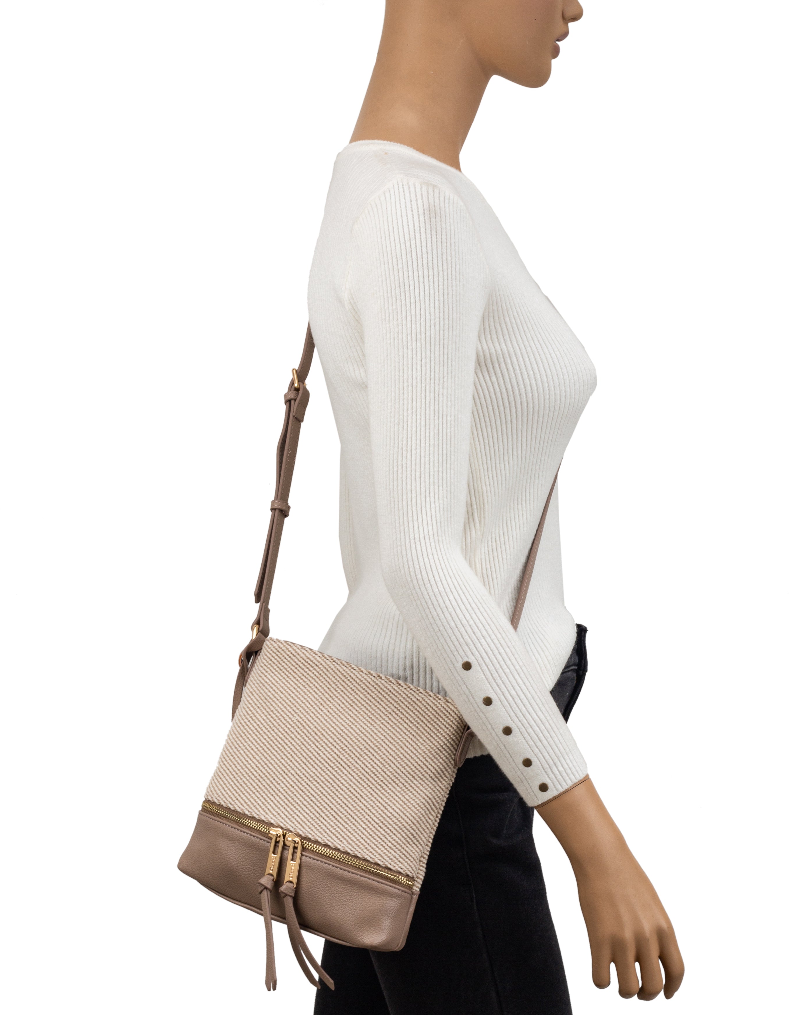 Gionni Marina Taupe Small North South Crossbody Bag With Woven Body And Conreast Trim