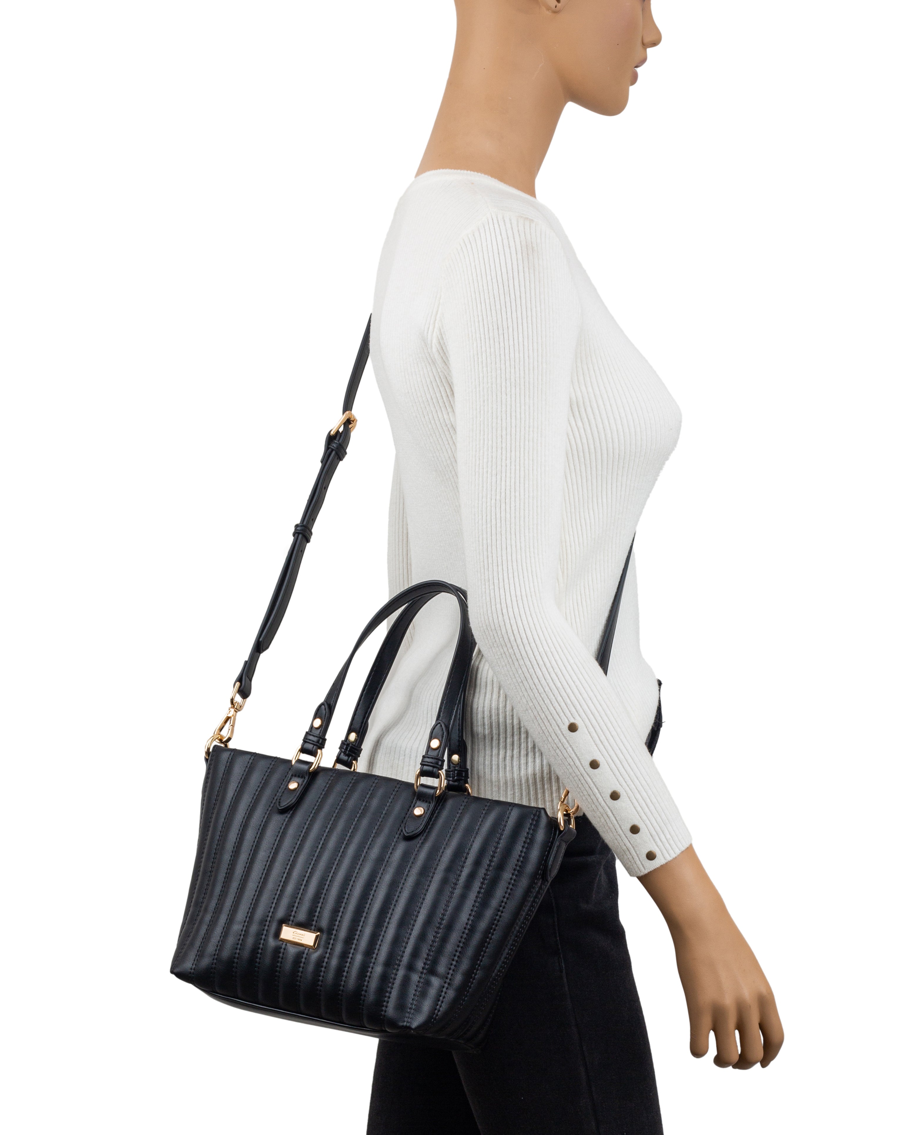 C Black Midi Quilted V Shape Bag