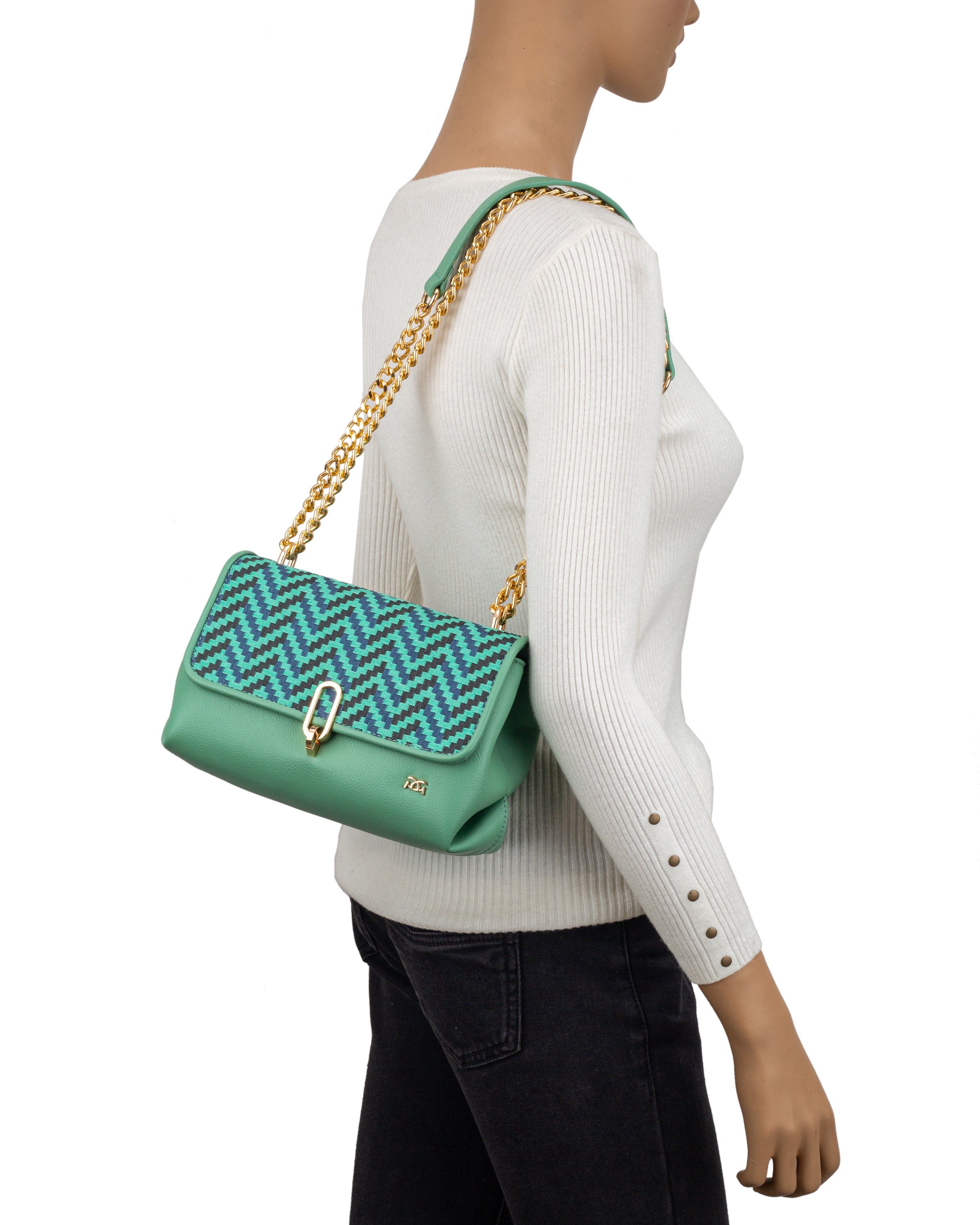 Gionni Voyage Green Flapover Bag With Front Woven Panel
