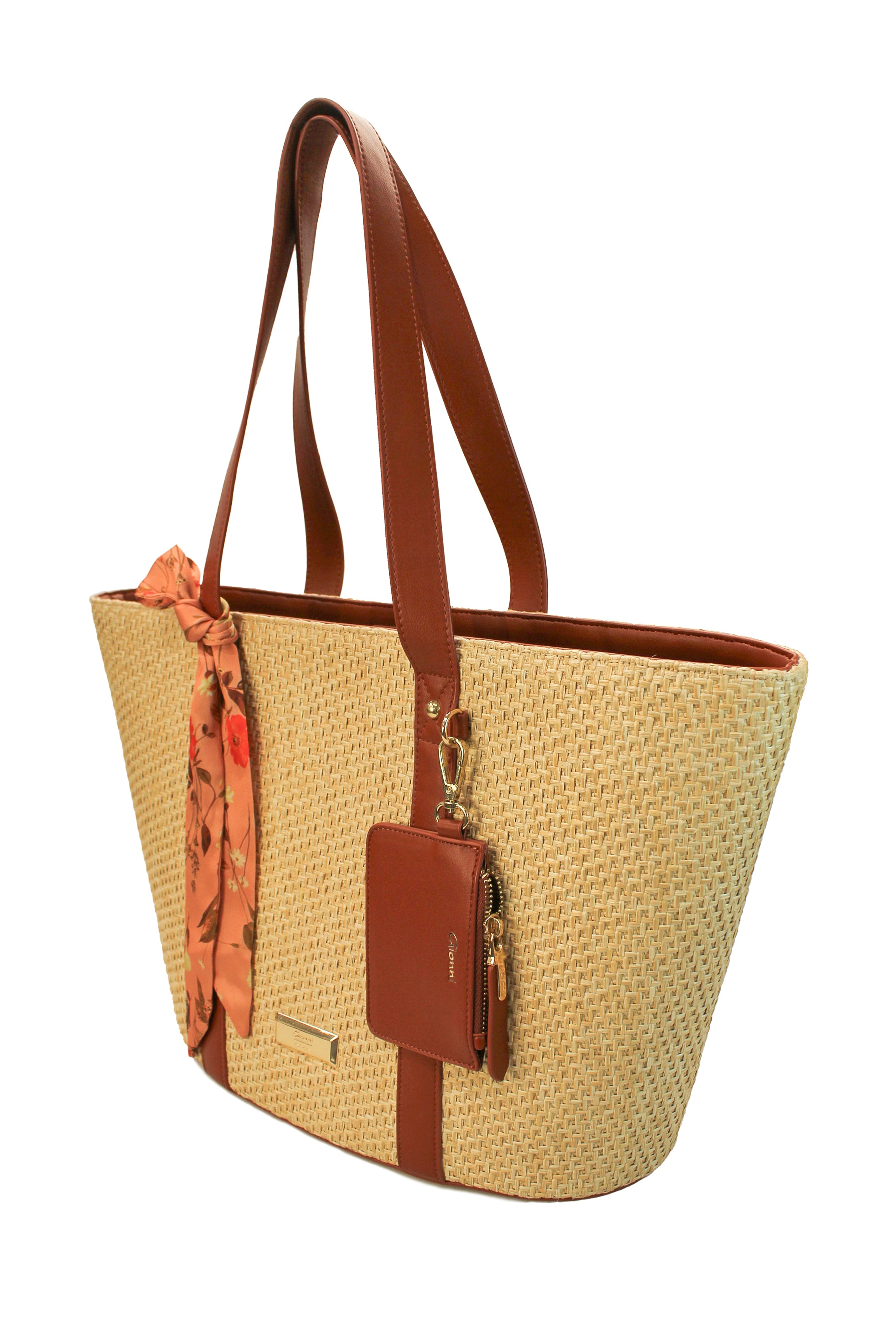 Gionni Sandy Tan And Natural Straw Tote Bag With Scarf And Mini Purse