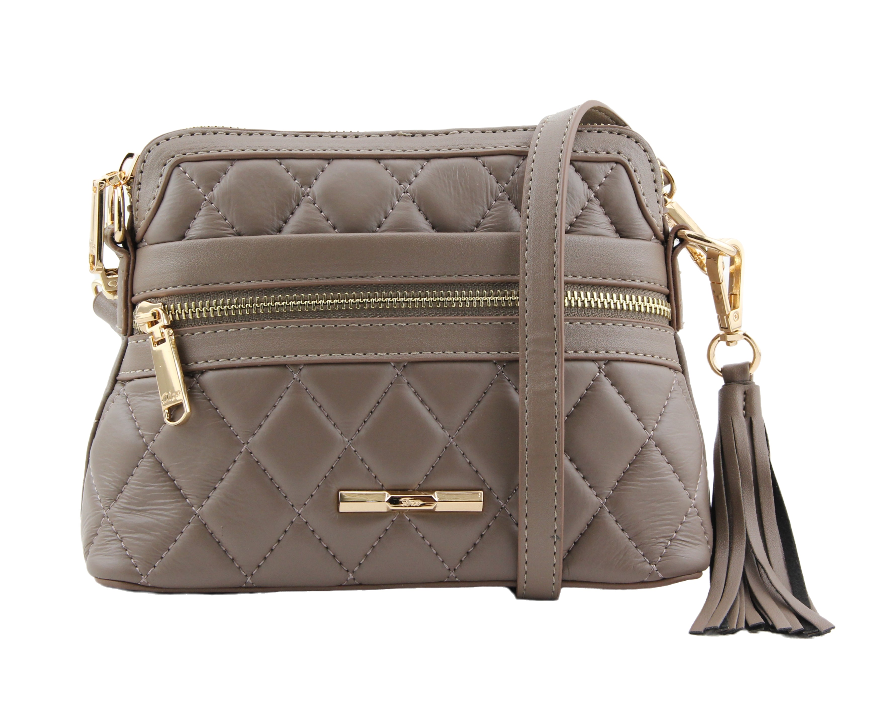 Dice Cosmo Taupe Quilted Crossbody Bag With Tassle