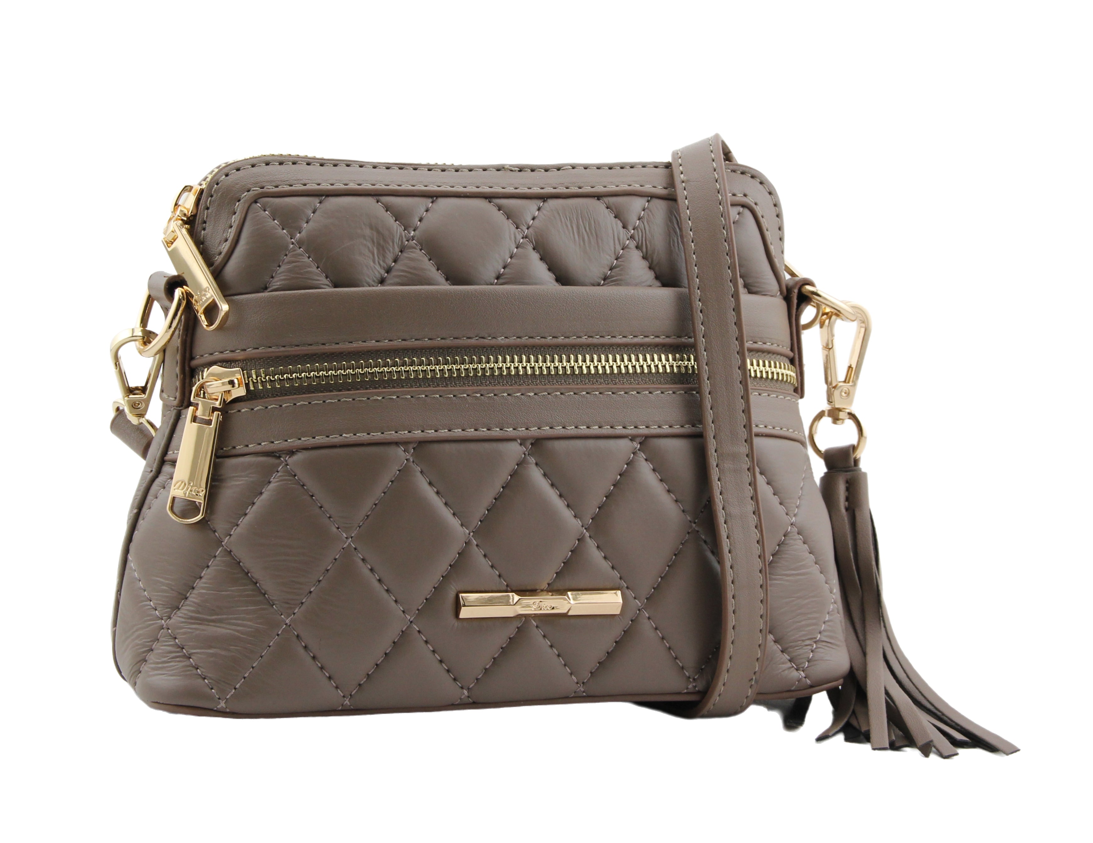 Dice Cosmo Taupe Quilted Crossbody Bag With Tassle