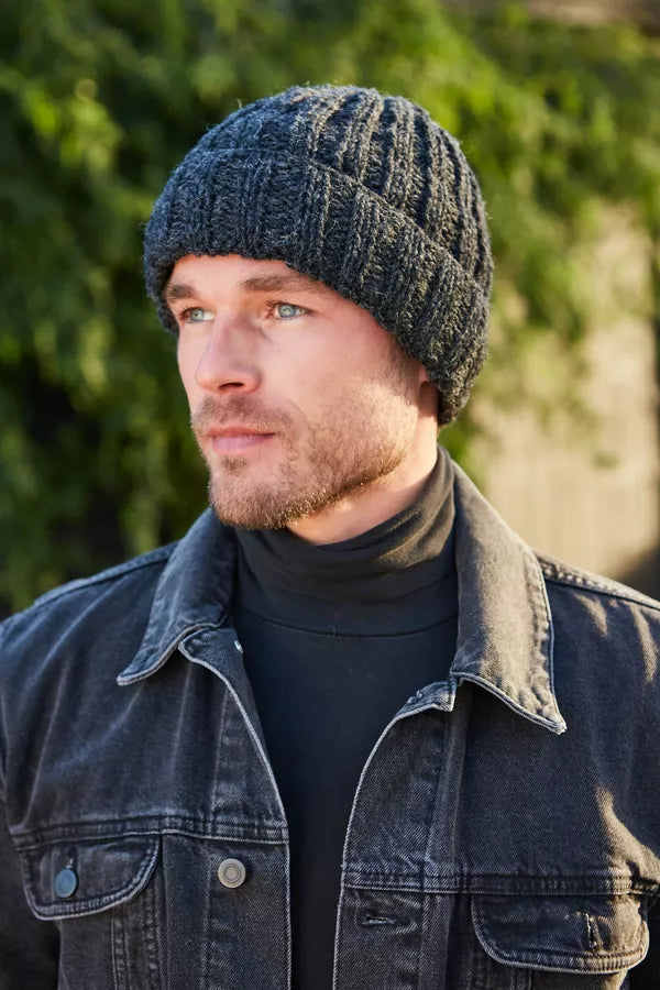 Mens Shetland Roll Back Beanie Charcoal