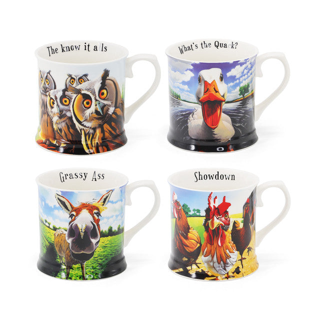 Beyond the Herd Set 4 Tankards (Duck, Owls, Hens, Donkey)