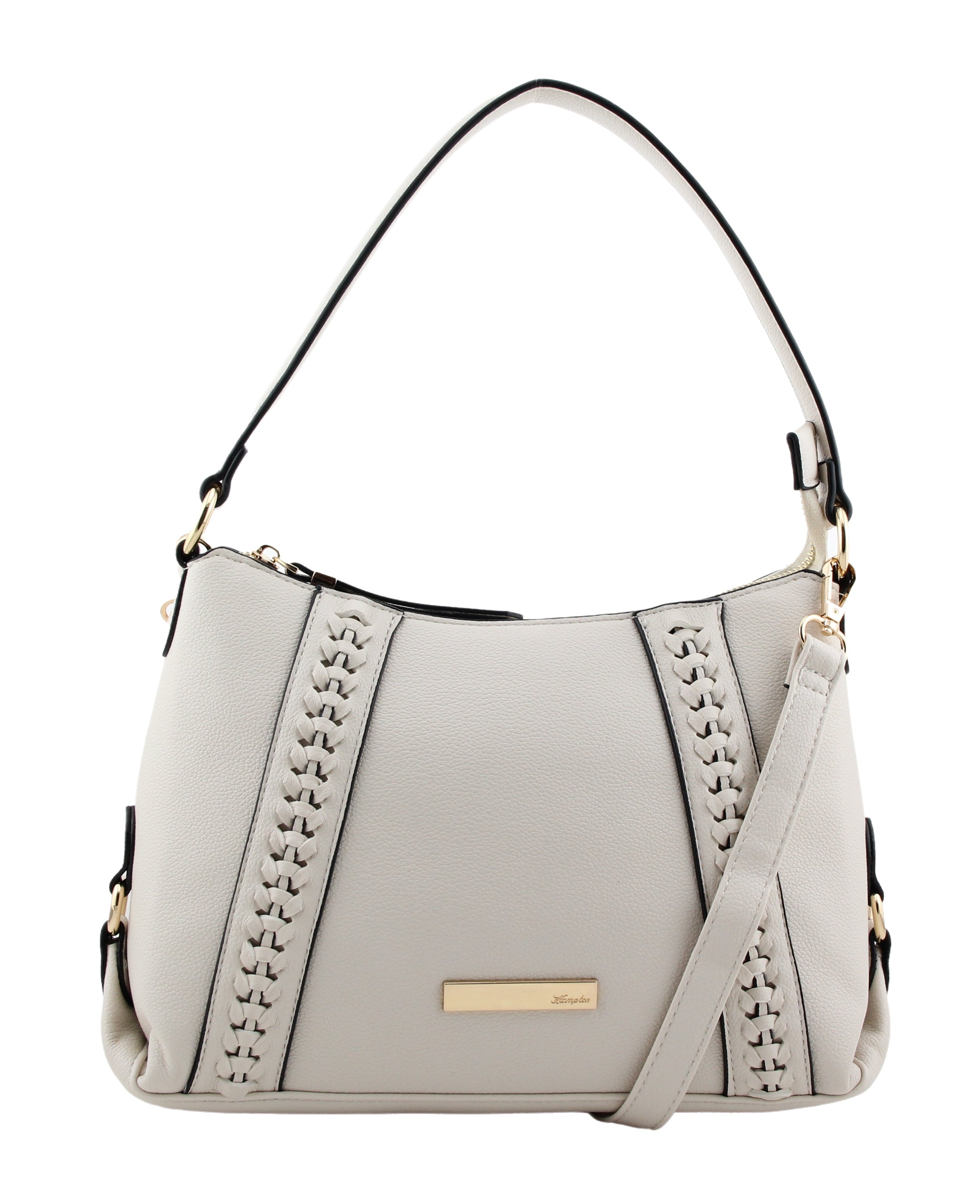 Hampton Florence Beige Curved Top Zip Shoulder Bag With Front Braid