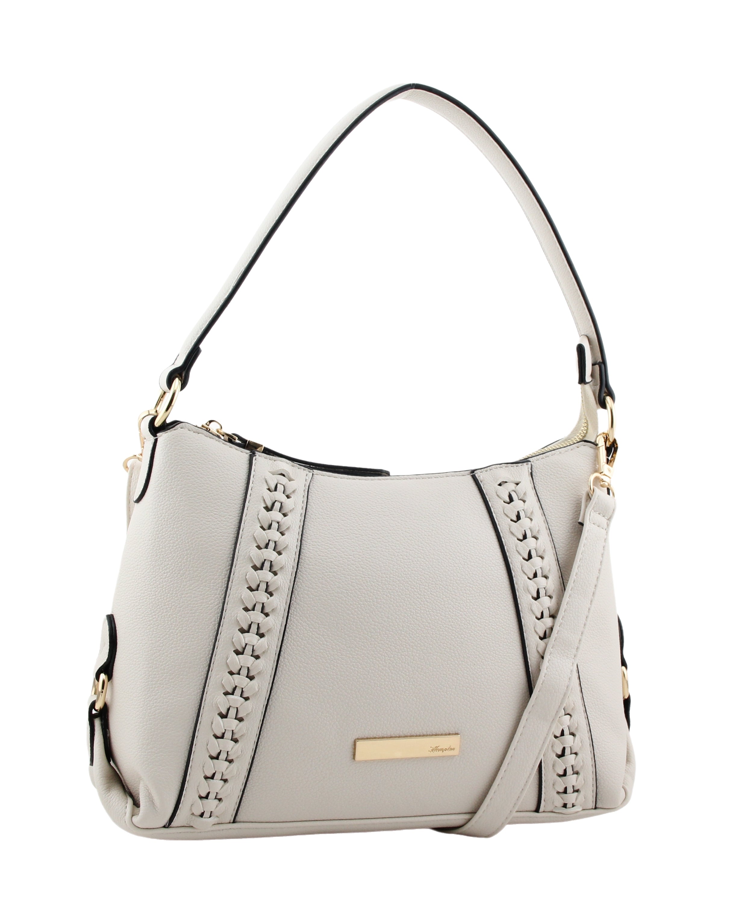 Hampton Florence Beige Curved Top Zip Shoulder Bag With Front Braid
