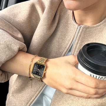 Cluse Gift Box La Tétragone Watch Steel, Black & Paperclip Chain Bracelet, Gold Colour