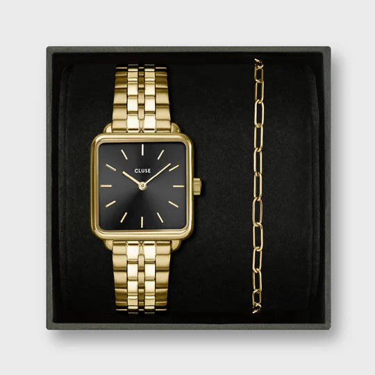 Cluse Gift Box La Tétragone Watch Steel, Black & Paperclip Chain Bracelet, Gold Colour