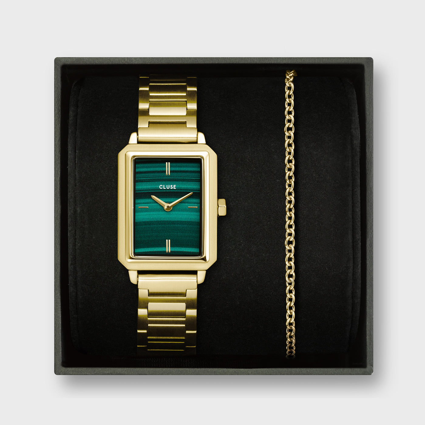Cluse Gift Box Fluette Watch Steel, Green & Round Chain Bracelet, Gold Colour