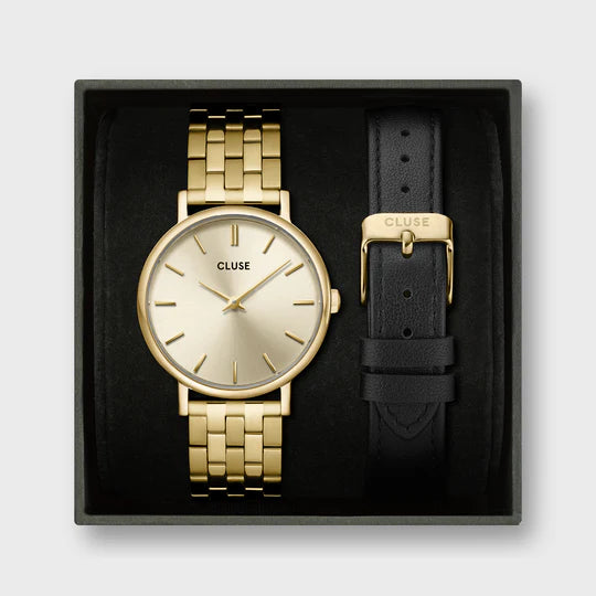 Cluse Gift Box Pavane Petite 2.0 Watch Steel, Gold Colour & Black Leather Strap