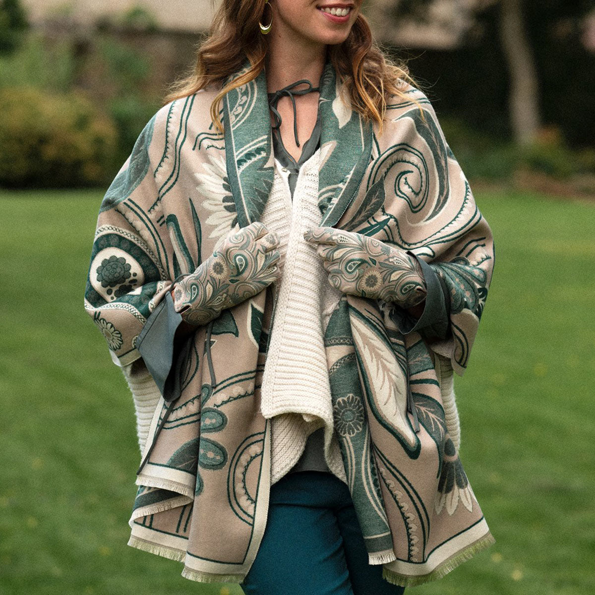 Connie Mocha And Green Paisley Woven Scarf