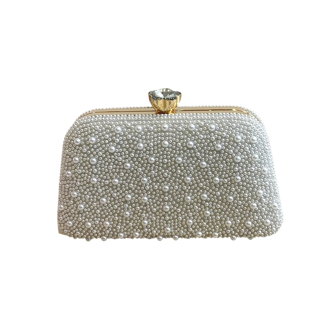 White Pearl Clutch Bag With Gold Frame And Diamante Flower Clasp