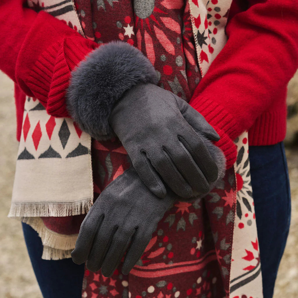 Gloves with Faux Fur Edge Charcoal Grey