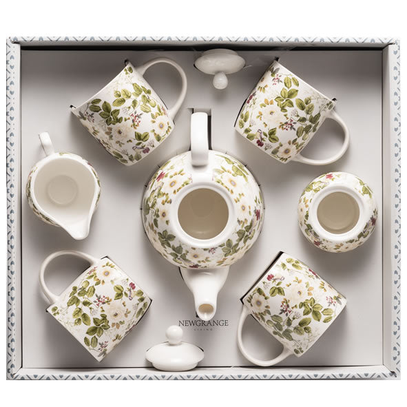 Cream Floral Rose Tea Set, 7 Piece