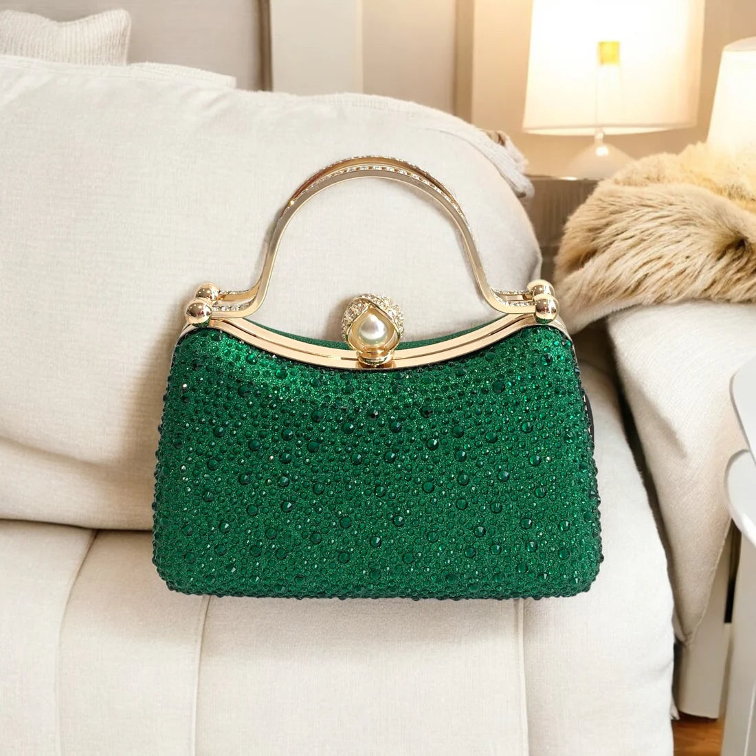 Curved Green Diamante Dress Bag With Pearl Clasp Closure