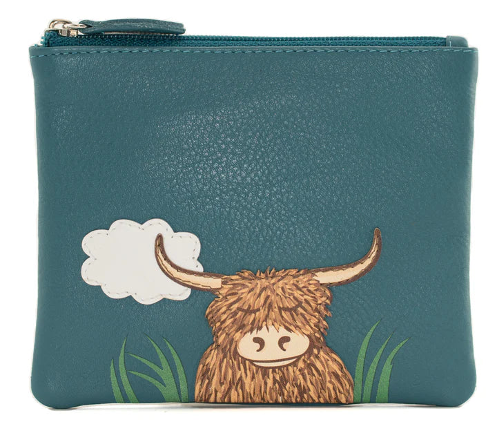 Bella Teal Leather Highland Cow Coin Purse RFID