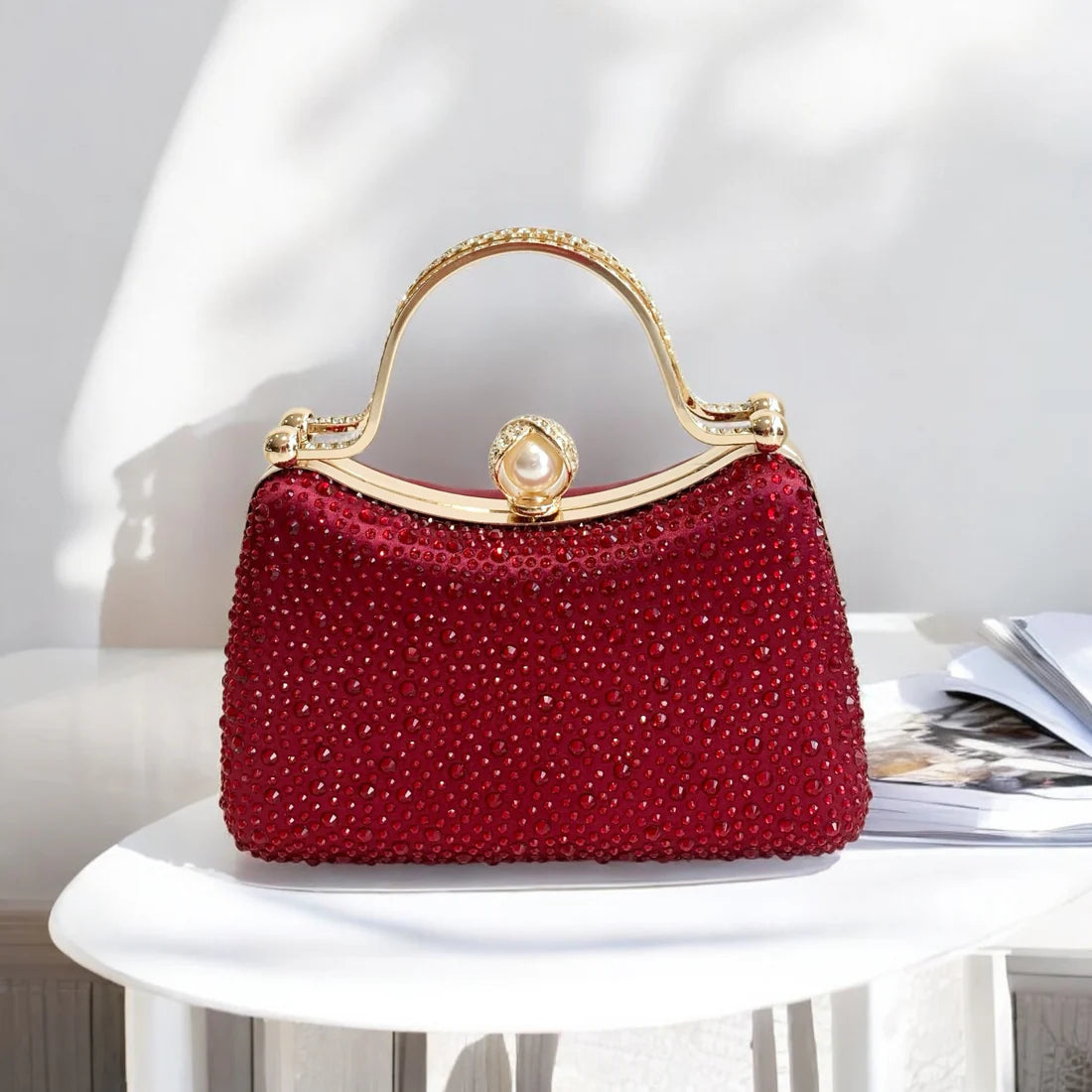 Curved Reg Diamante Dress Bag With Pearl Clasp Closure
