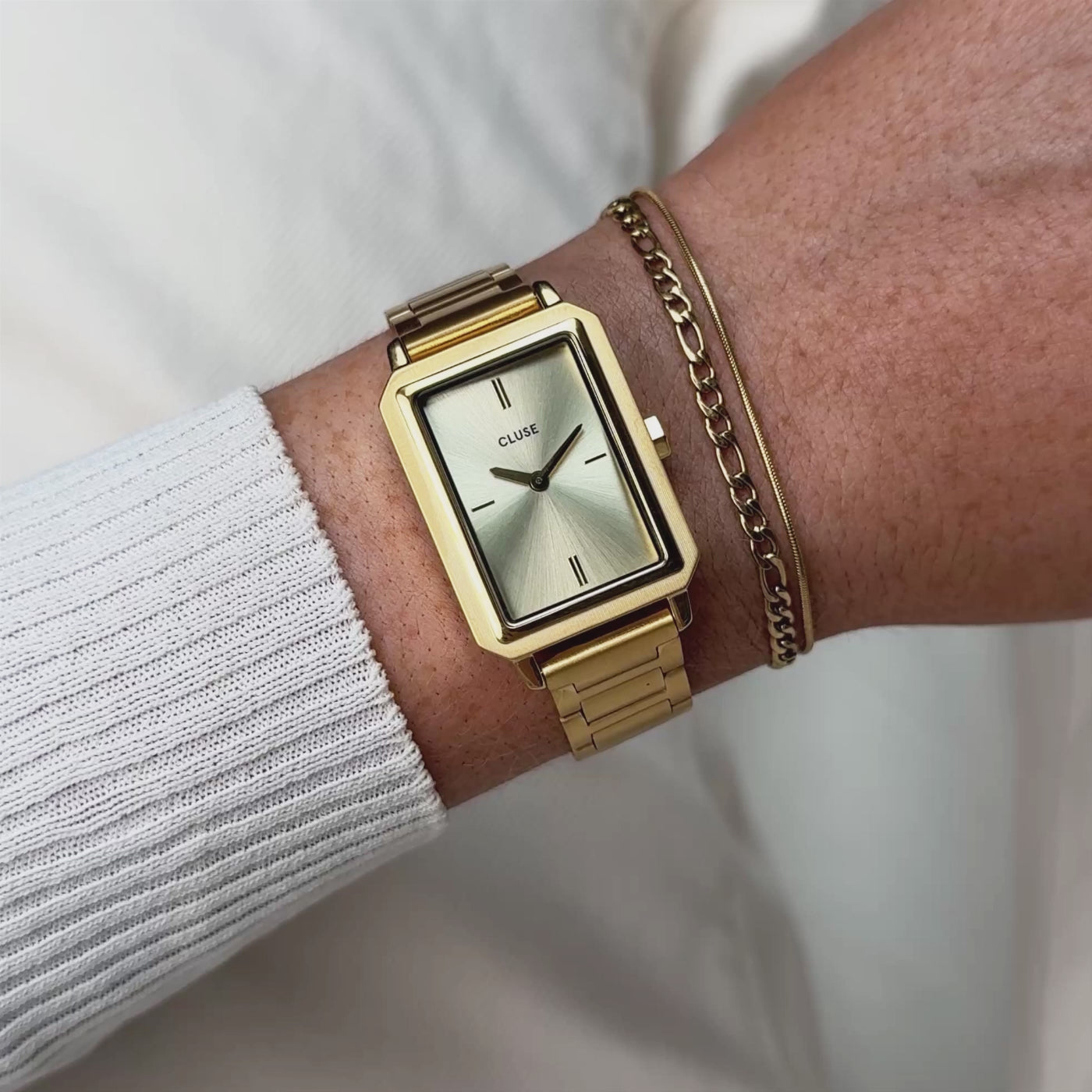 Cluse Gift Box Fluette Watch Steel & Double Chain Bracelet, Full Gold Colour