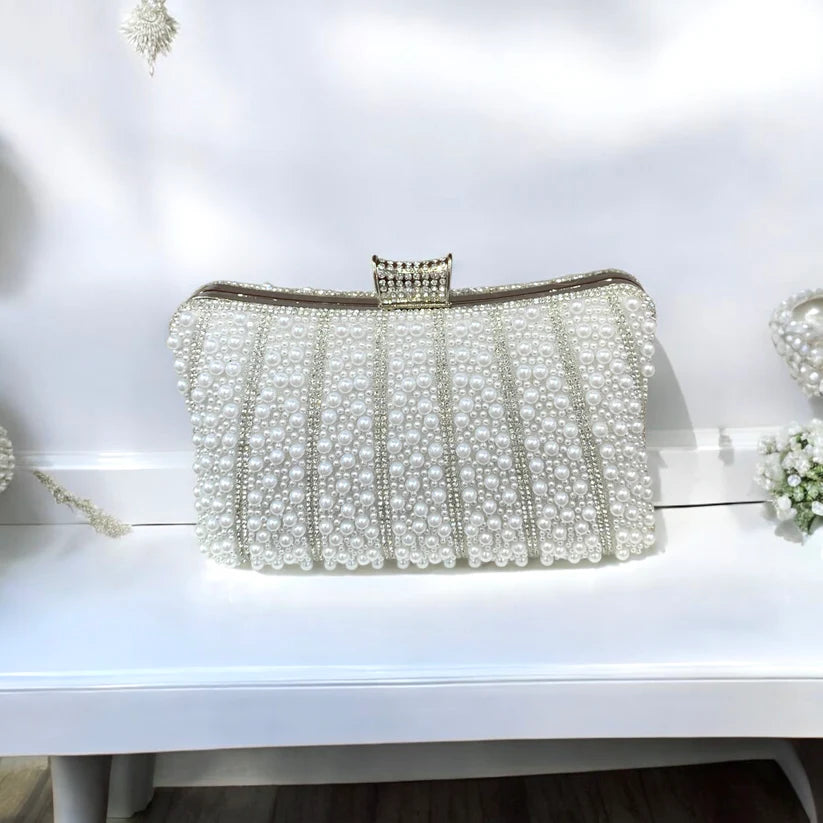 White Pearl Clutch Bag With Silver Frame And Diamante