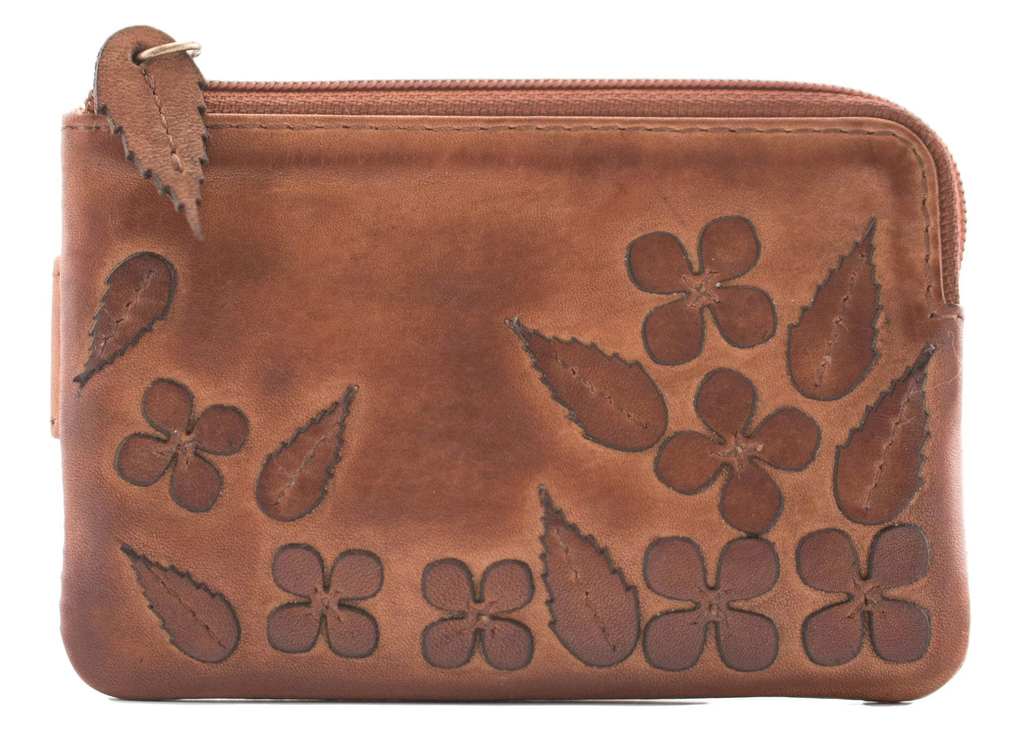Wild Bloom Classic Tan Leather Coin & Card Purse