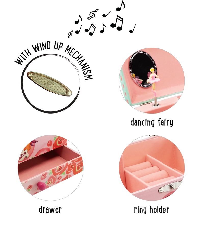 Musical Jewelry Box ‘Ethereal’ with Ring Holder, Drawer & Wide Mirror ‘Seasons’