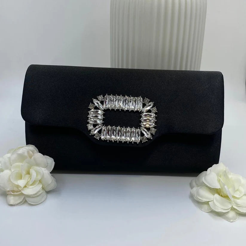 Black Satin Clutch with Crystal Buckle