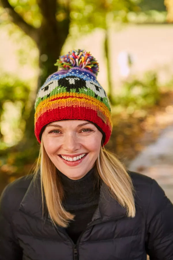 Black Sheep Roll Back Bobble Beanie Rainbow