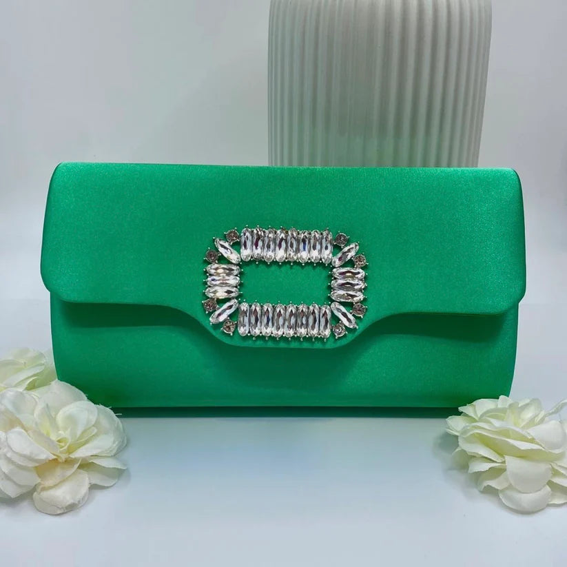 Emerald Green Satin Clutch with Crystal Buckle