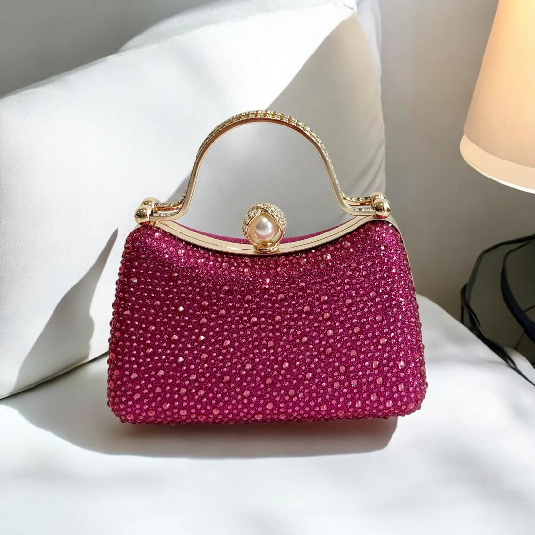 Curved Fushia Diamante Dress Bag With Pearl Clasp Closure