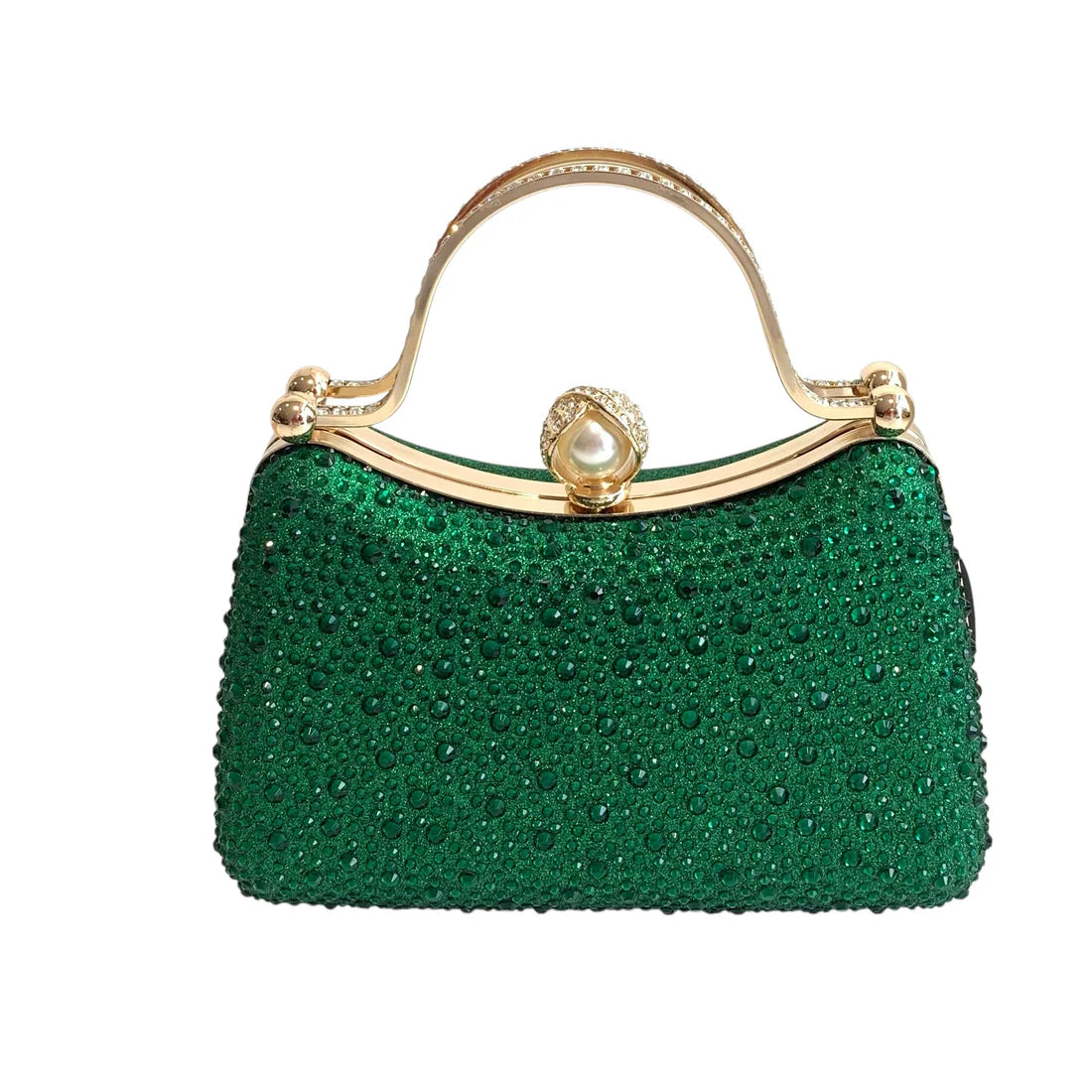 Curved Green Diamante Dress Bag With Pearl Clasp Closure