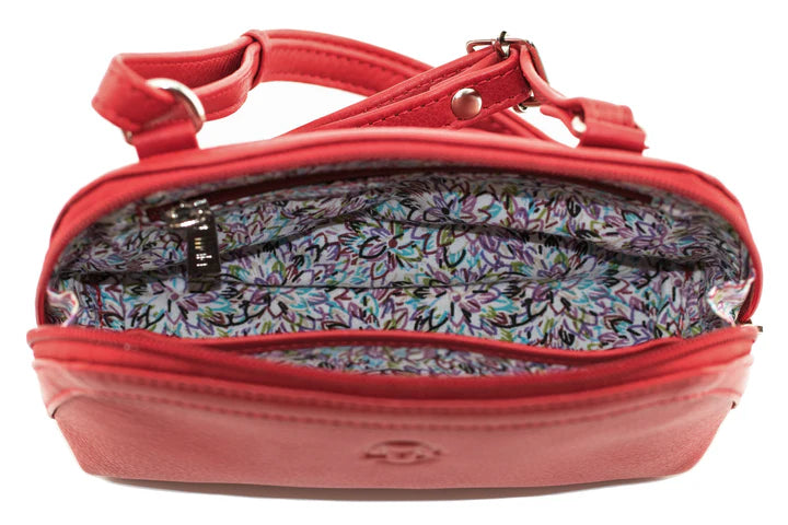 Anishka Red Leather Compact Curved Zip Crossbody Bag