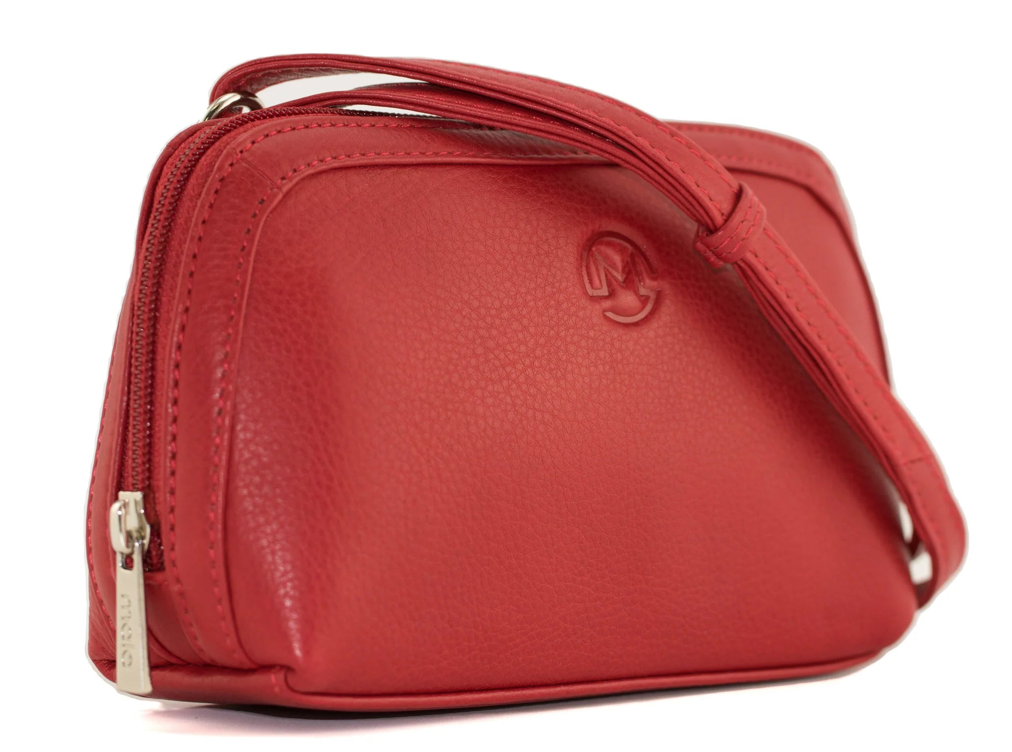 Anishka Red Leather Compact Curved Zip Crossbody Bag