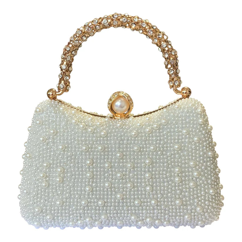 Pearl-embellished Gold Handle clutch