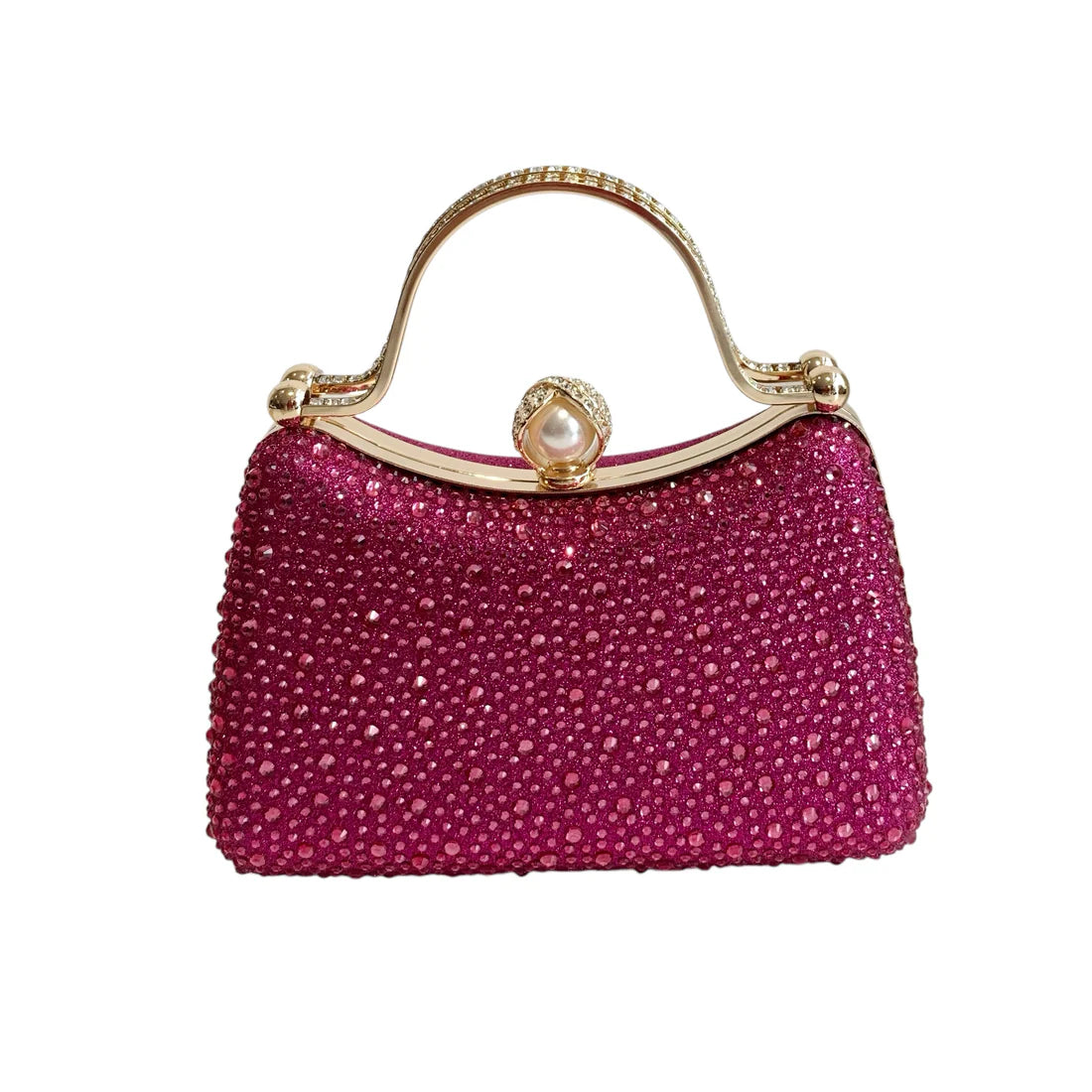 Curved Fushia Diamante Dress Bag With Pearl Clasp Closure