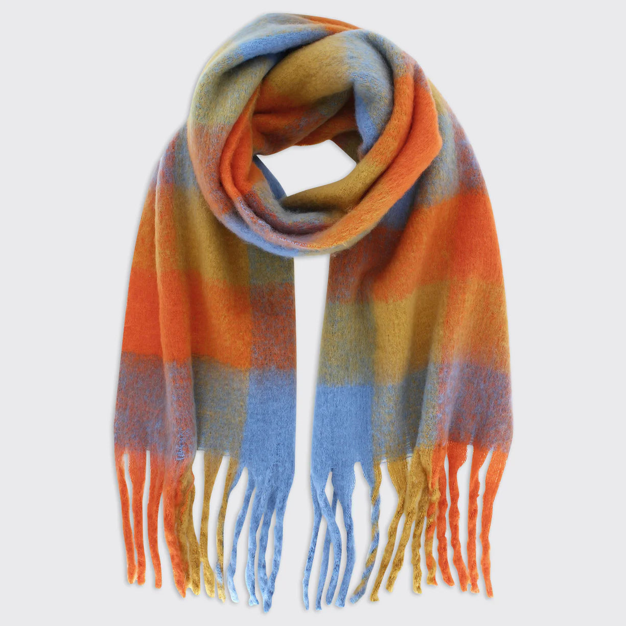 Yasmin Check Tassel Scarf Sky Blue And Orange
