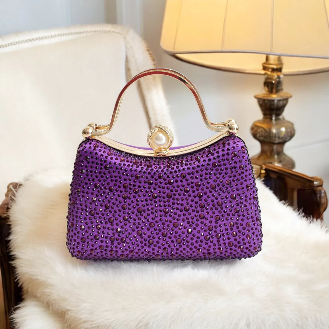 Curved Purple Diamante Dress Bag With Pearl Clasp Closure