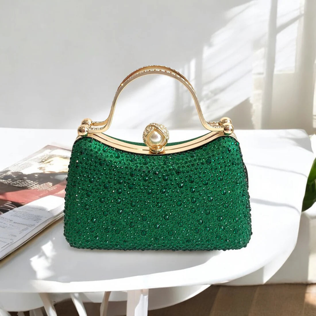 Curved Green Diamante Dress Bag With Pearl Clasp Closure