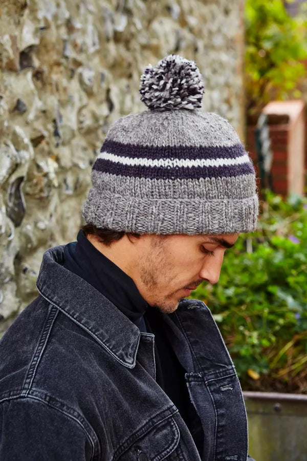 Retro Stripe Bobble Beanie Grey