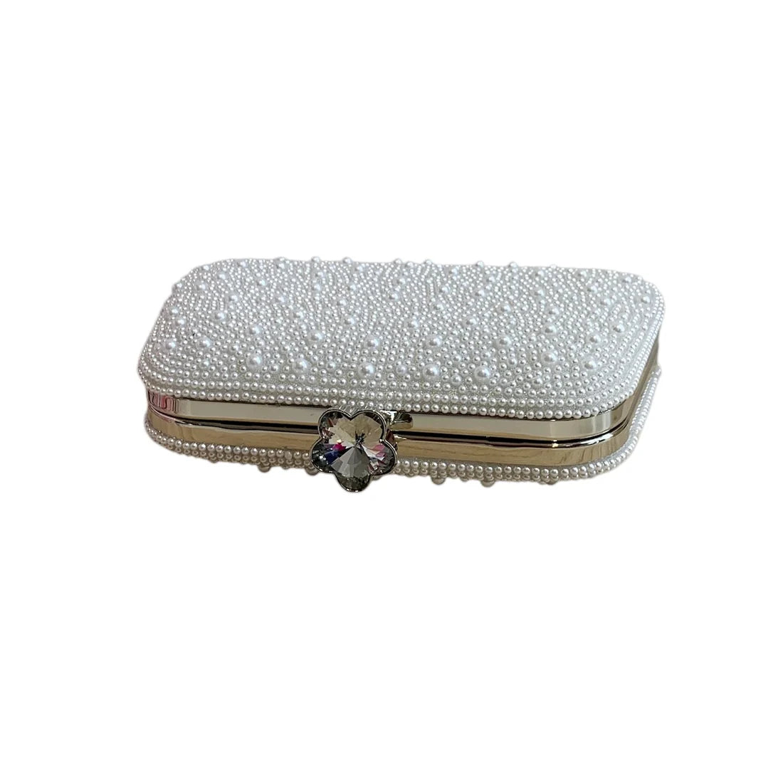 White Pearl Clutch Bag With Silver Frame And Diamante Flower Clasp