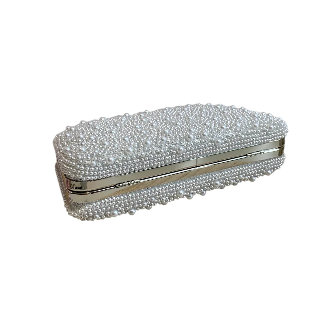 White Pearl Clutch Bag With Silver Frame And Diamante Flower Clasp