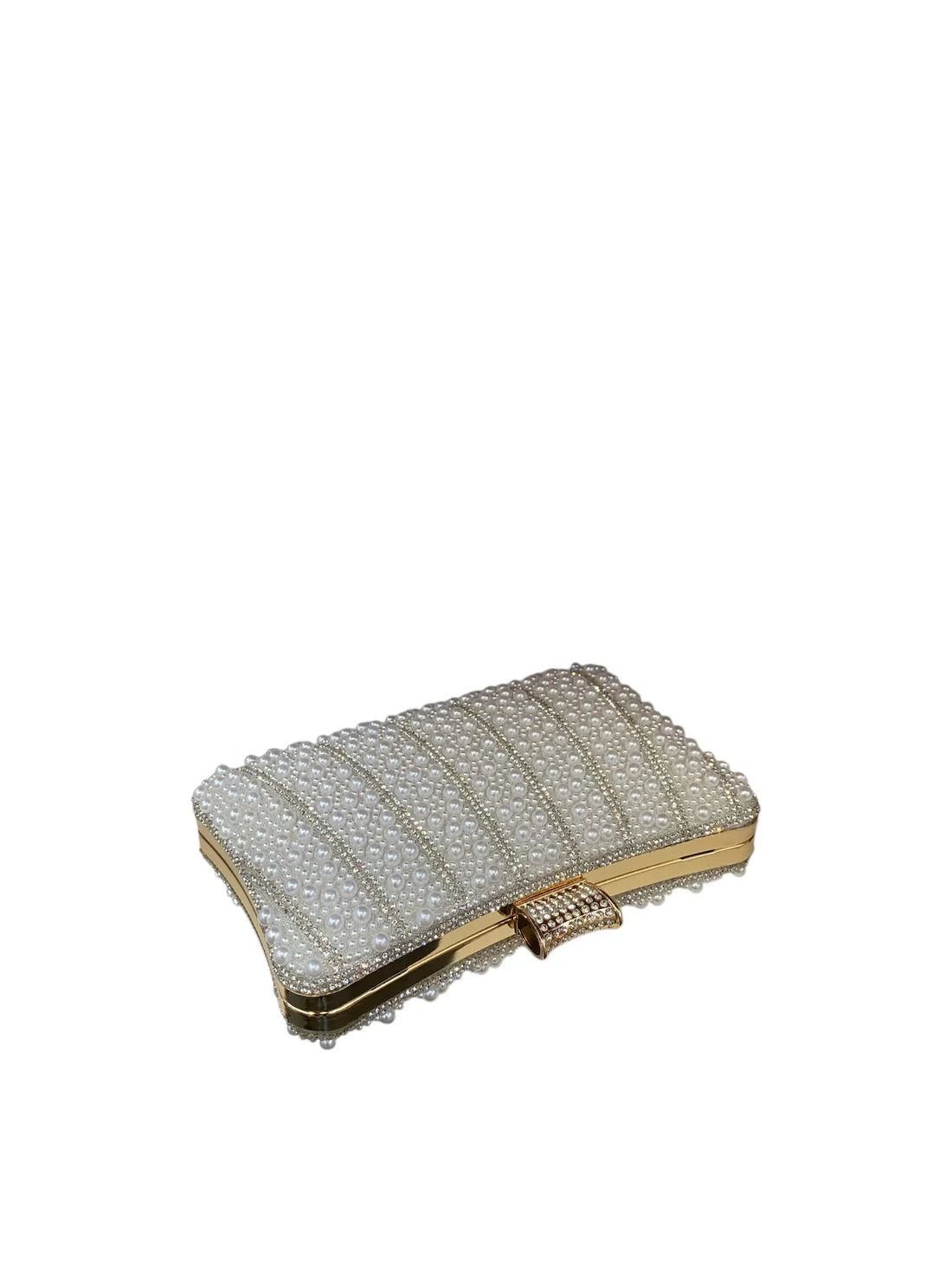 White Pearl Clutch Bag With Gold Frame And Diamante Clasp.